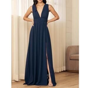 Lulus Heavenly Hues Navy Blue Maxi Dress Size Small V Neck Chiffon Wedding NWT